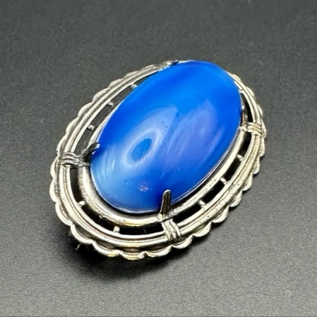 Antique Sterling Silver Blue Czech Glass Brooch
